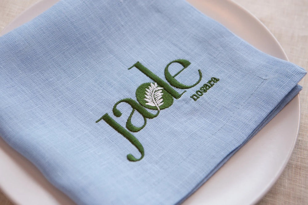 Embroidered Linen Napkins: Custom Logo, Organic Flax, Set of 12